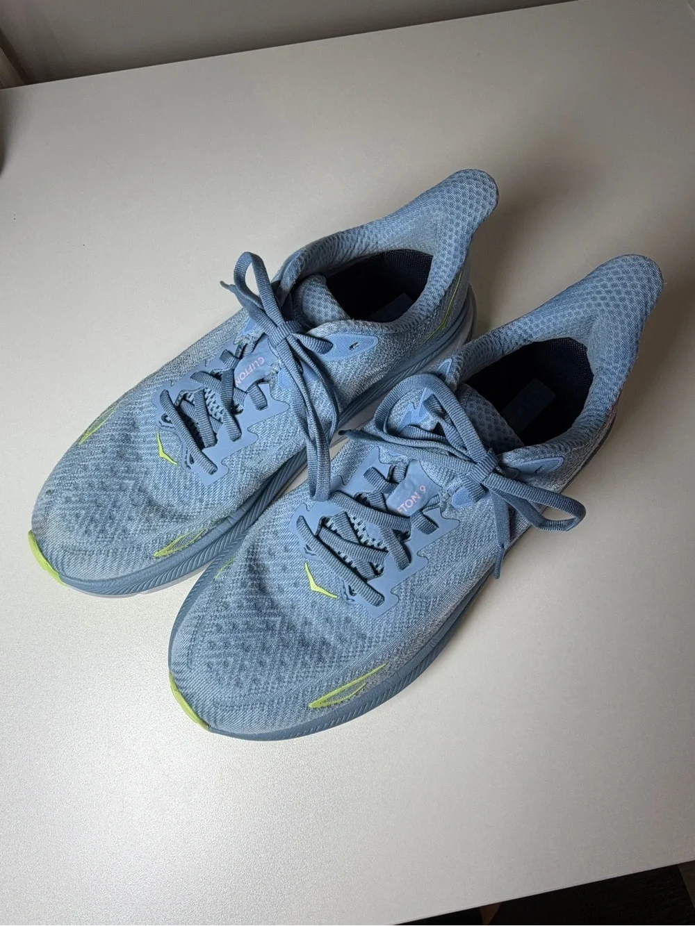 Women’s Hoka Clifton 3 9.5 Light Blue Running Shoes with Neon Yellow Accents
